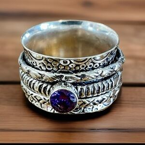 Silver & Amethyst Gemstone Spinner Meditation Fidget Ring 7.5